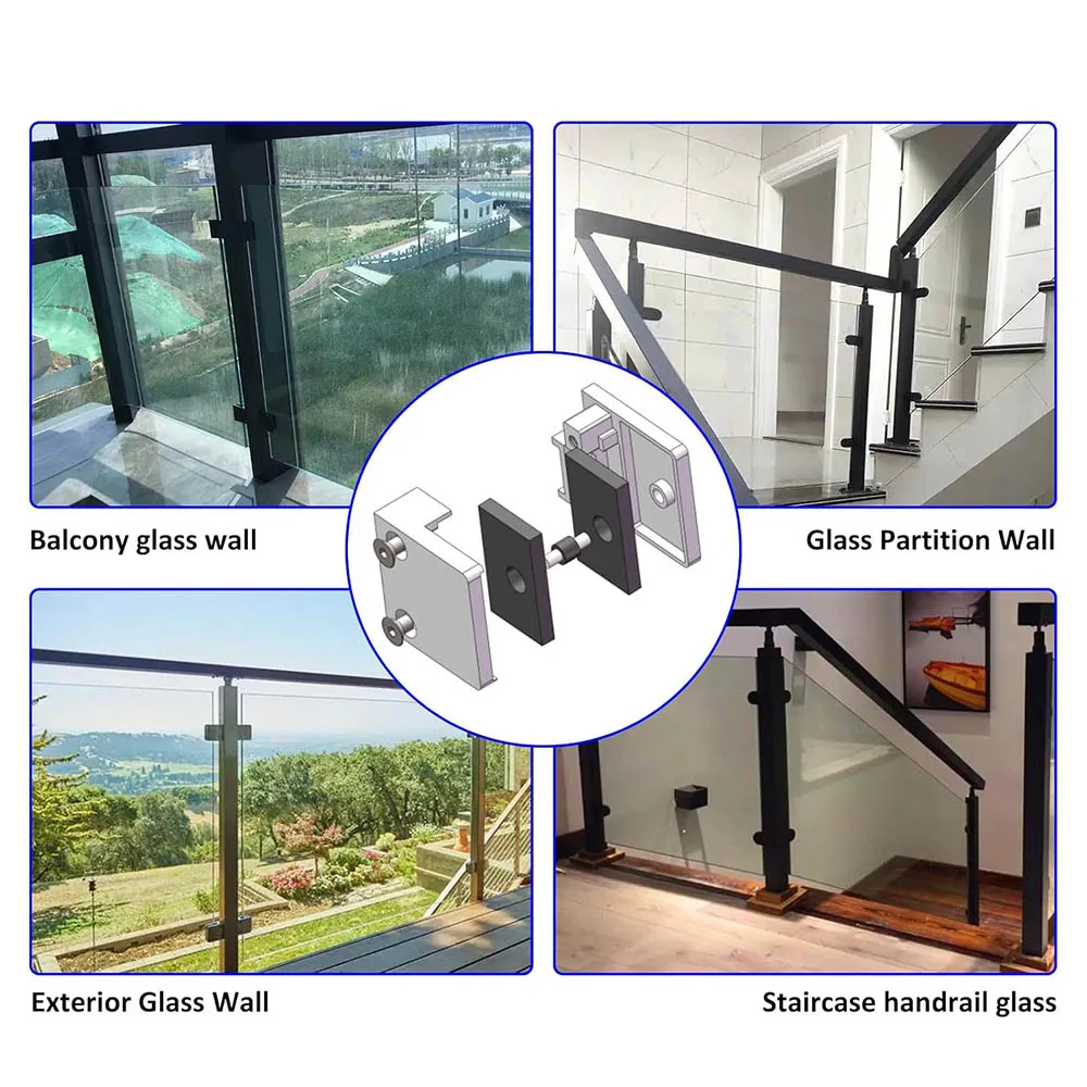 Glass Clips Square Glass Clamps Holder Adjustable Glass Mounting Brackets Flat Back for Railing Balustrade Staircase