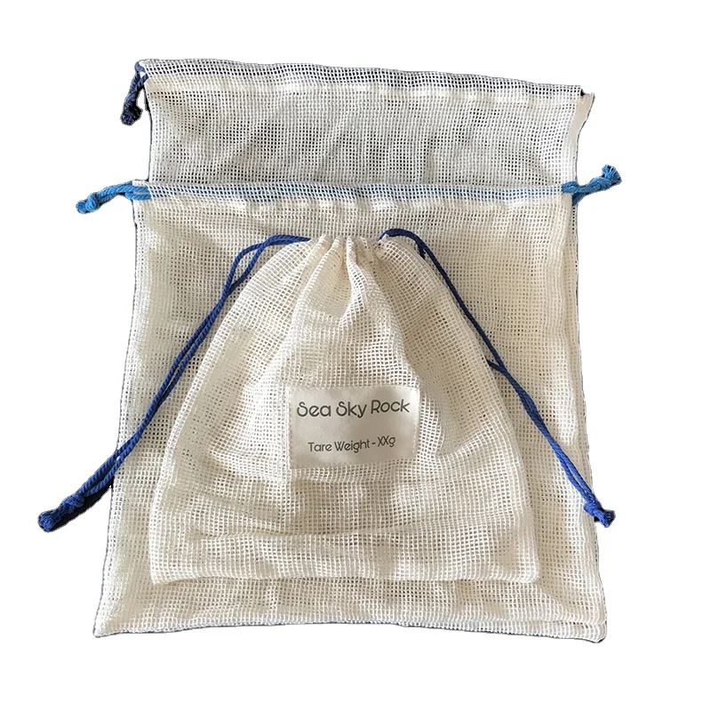 Customized Label Washable Natural Drawstring Cotton Mesh Shopping Bags Sets