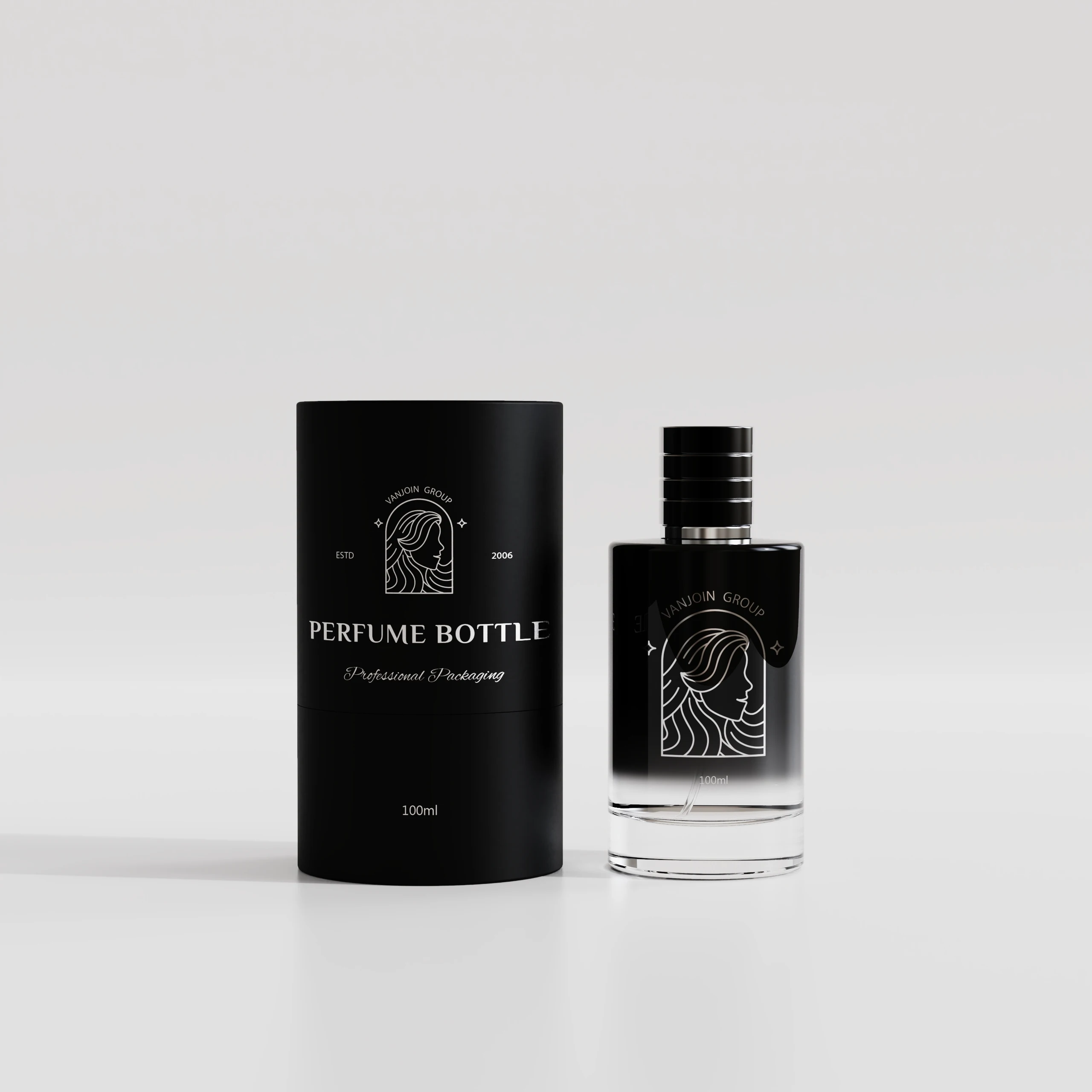 Custom Luxury Black Cylinder Cardboard Gift Box Tube Box packaging For Round Perfume Glass Bottle Scented product with Paper Bag