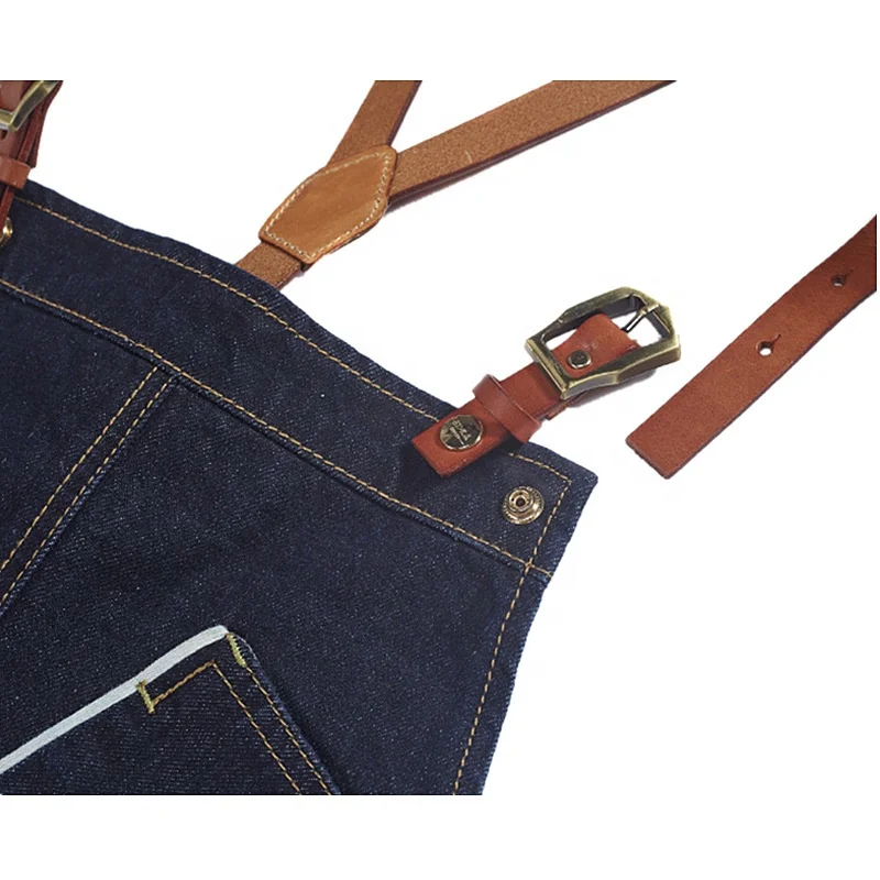 Fashion bartender waiter denim apron with belt apron custom logo hot barista overalls leather shoulder strap unisex