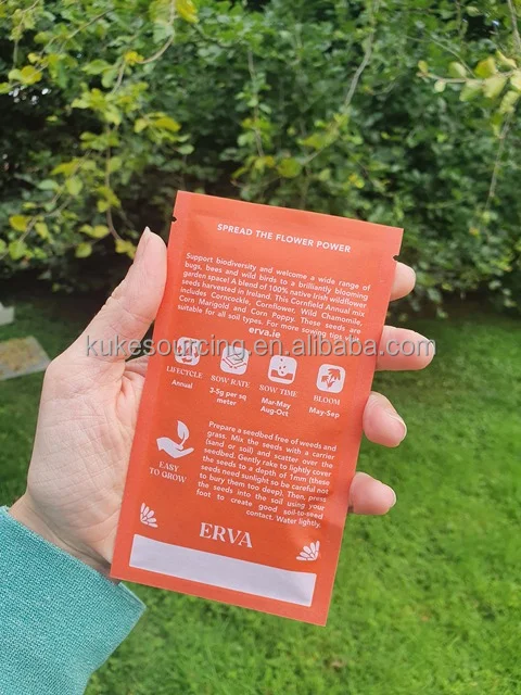 Customized Printed Kraft Paper Three Side Sealed Sachet Biodegradable Compostable Seed Tea Packaging Bag
