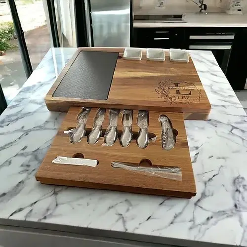 Custom Slate And Ceramic Aperitif Cheese Plate Extra Large Acacia Wood Charcuterie Board Set with Cutting Utensils And Trays