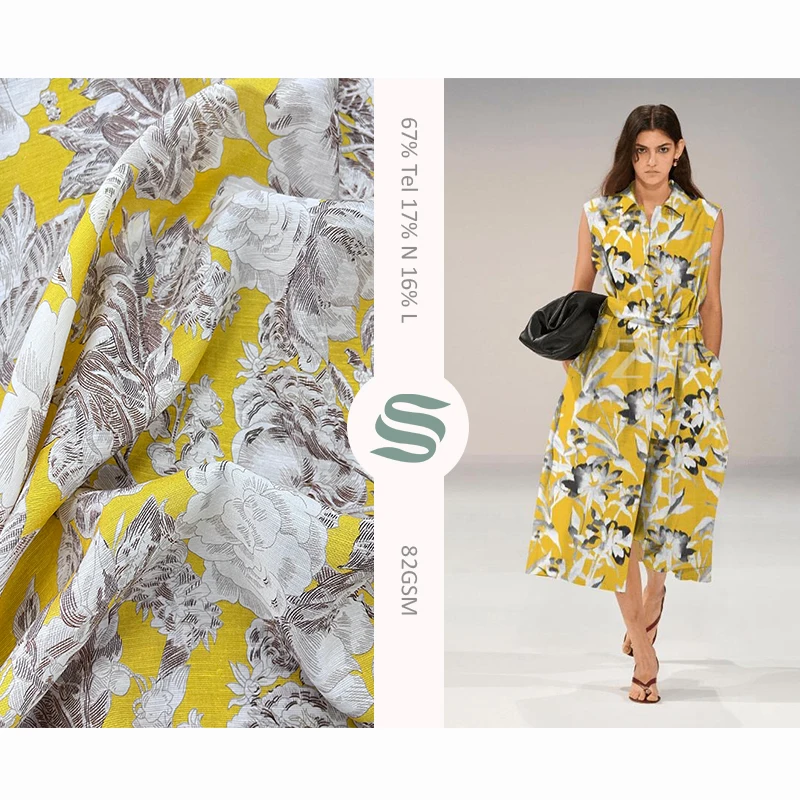 Top quality 67% lyocell 17% Nylon 16% Linen woven poplin fabric custom print breathable soft for women dress