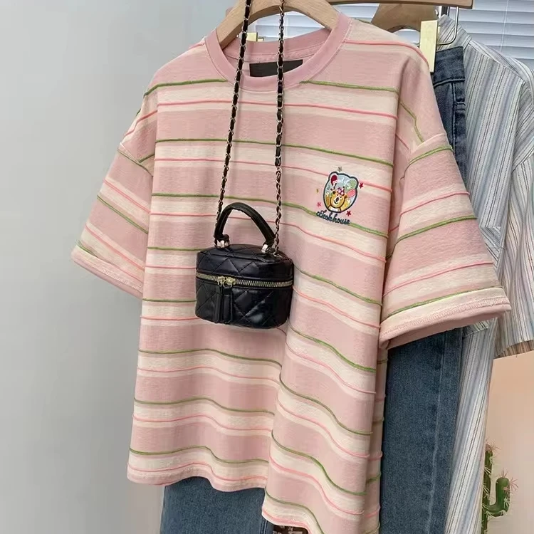 Japanese Kawaii Lolita T-Shirts Women Sweet Cartoon Bear Embroidery Striped Short Sleeve Tops Pink Cute Girls Korean Loose Tees