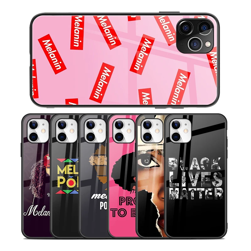 Hot Sale Africa Melanin Poppin Black Girl Magic Design Glossy Glass Phone Case for iPhone 13 12 7 XR 11Pro Cover