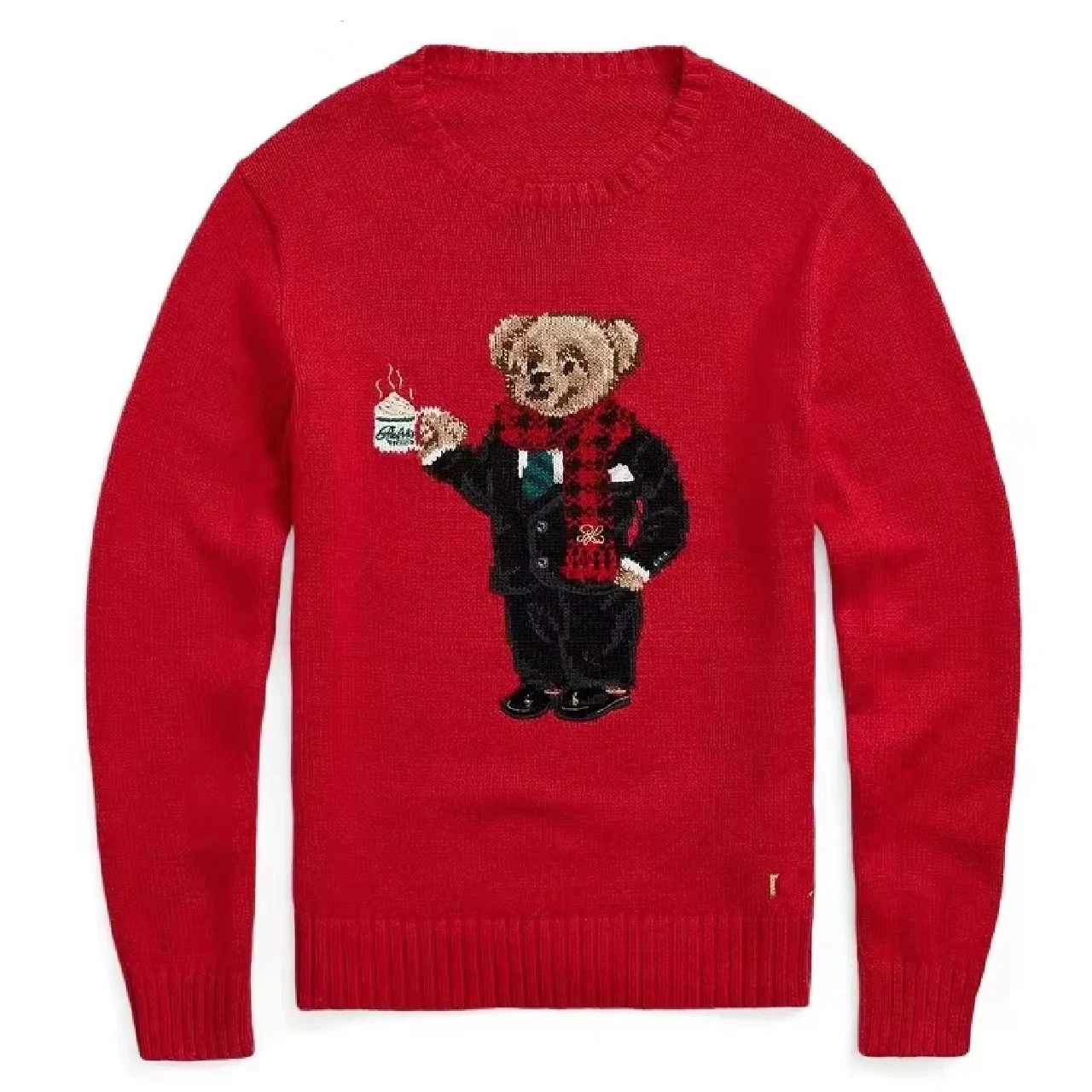 RL Classic Heavy Industry Cartoon Coffee Bear Embroidery Pattern Round Neck Red Knitted Sweater