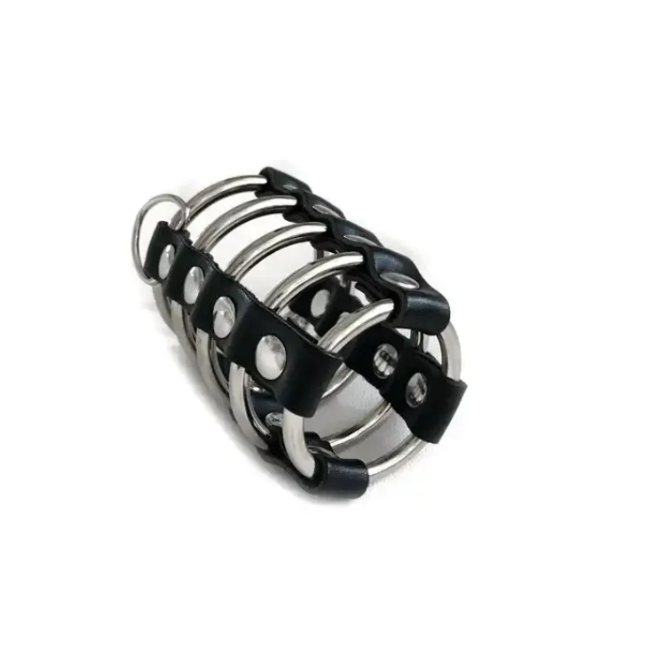 Sm Sex Product Steel Ring Penile Chastity Ring Dermis Leather Sleeve For Male With Copper Locks Bondage