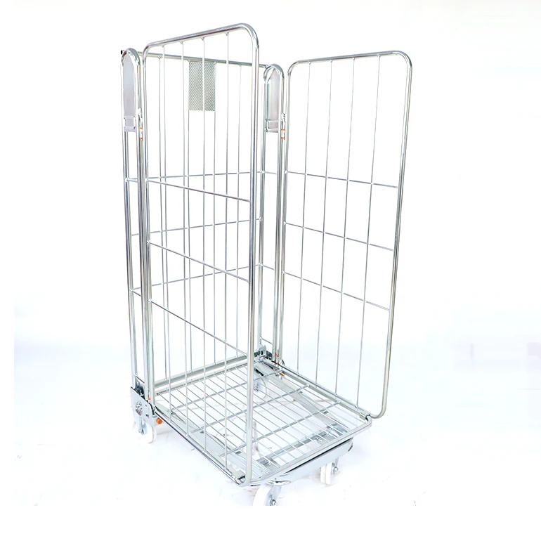 500kg loading steel metal mesh 3 side foldable collapsible logistics trolley for warehouse