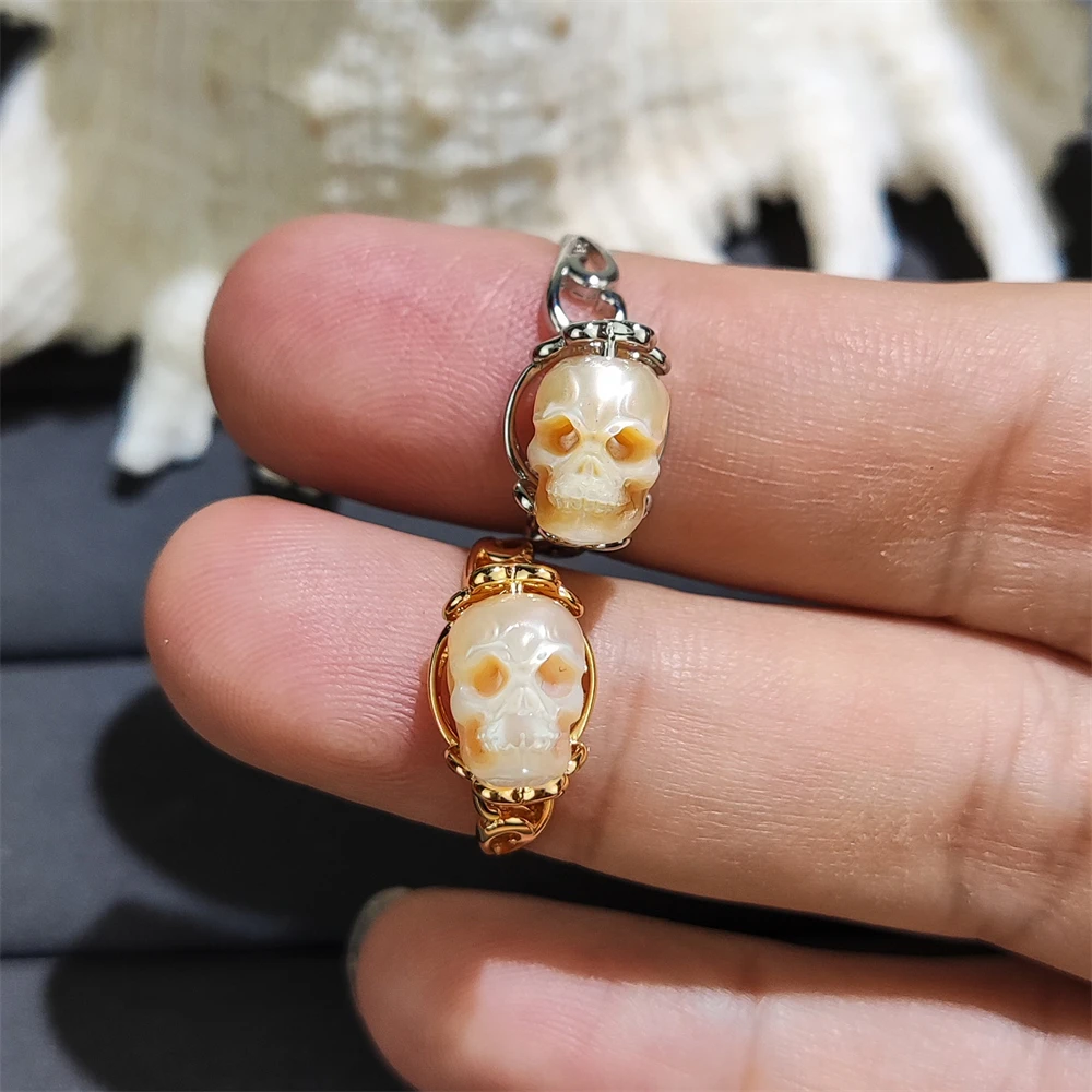 Fashion jewelry high quality silver skull pearl ring natural freshwater pearl fashion jewelry gold plated pearl ring adjustable