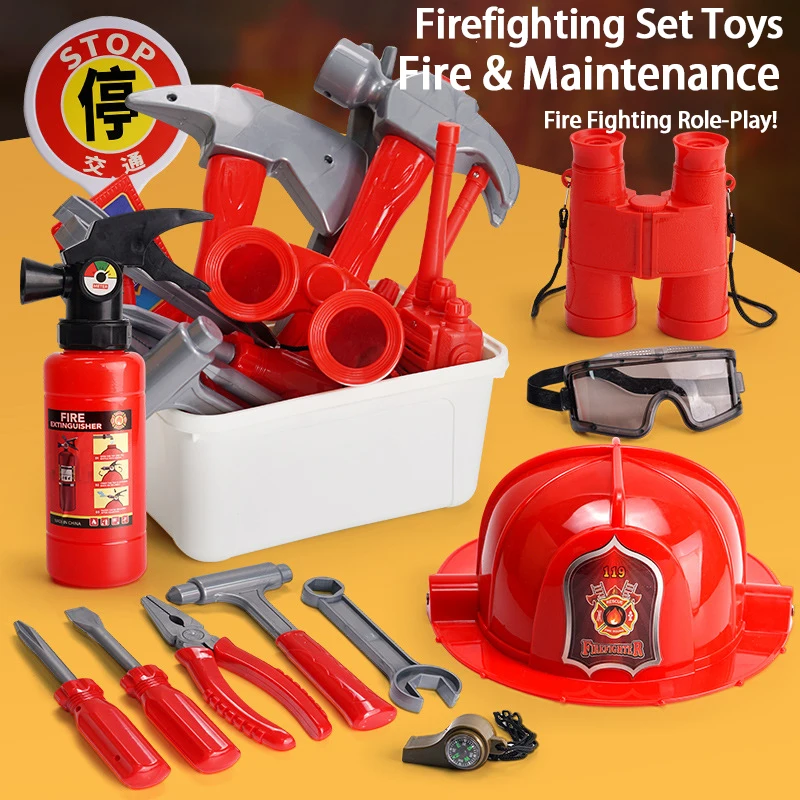 SL 4pcs Kids Firefighter Pretend Play Fireman Rescue Tools Educational Rrole Play Plastic Toy With Accessories