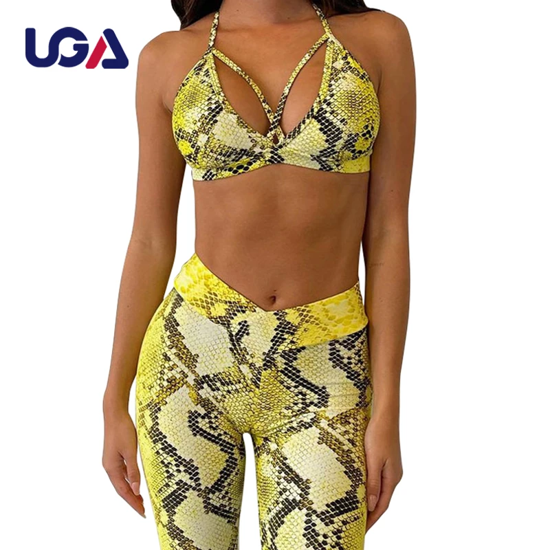 Women Compression Elastic Butt Lift Snake Skin Printed Yoga Wear Set Quick Dry Fitness Leggings Bra Yoga Set