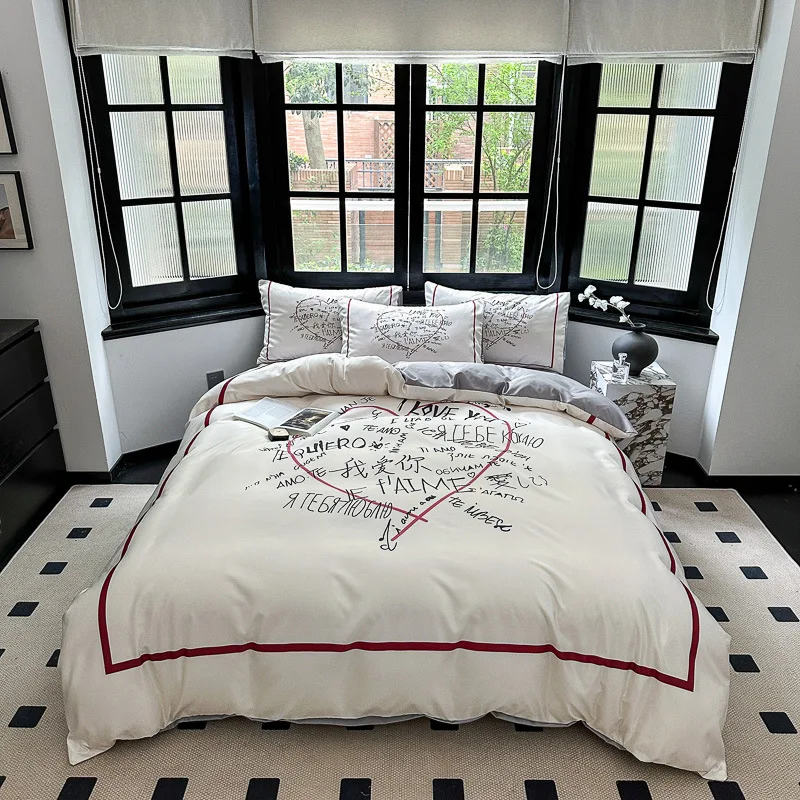 Brushed Cotton 4-In-1 Bedding Set Brown White King Size Duvet Cover Bed Sheet Bedding Set