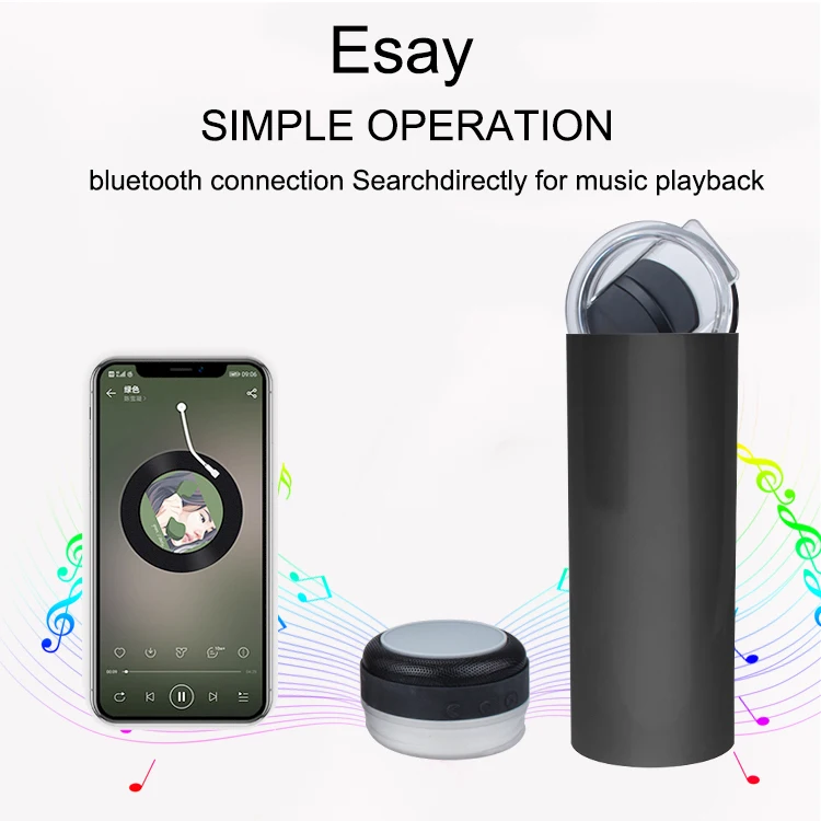 Black Straight Wine Tumbler Smart Music Cup Wireless Coffee Mug Speakers Water Cup With Colorful lights