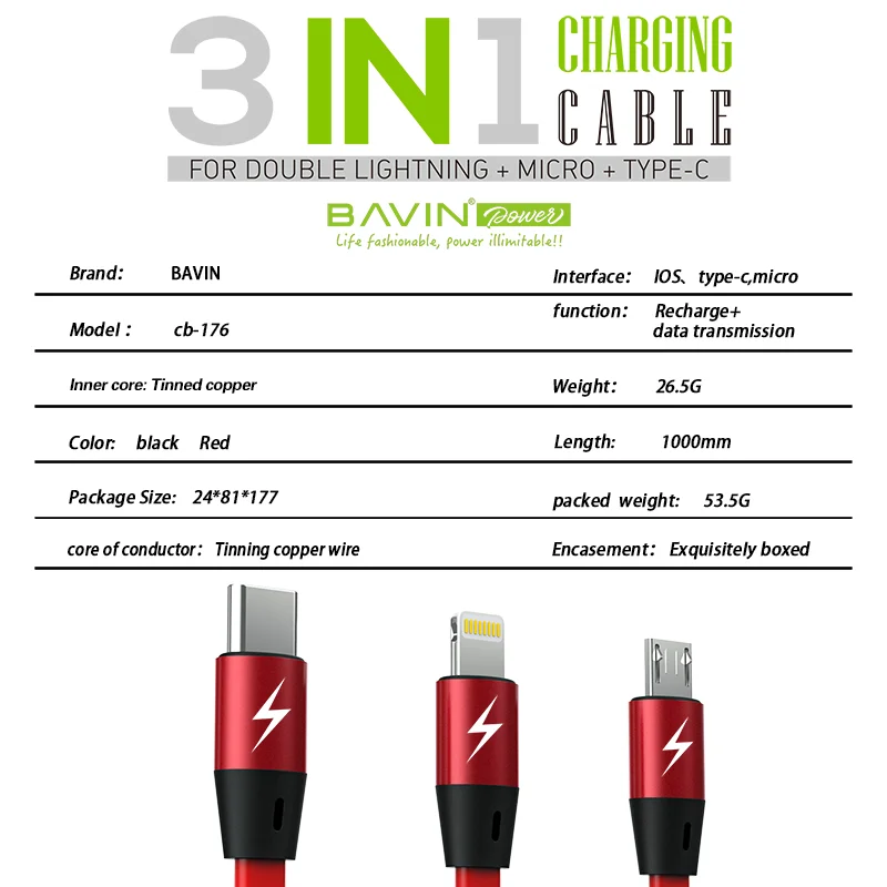 Оптовая продажа лидер продаж USB-кабель для передачи данных lightning Android Type-C от babin CB223 3 в 1