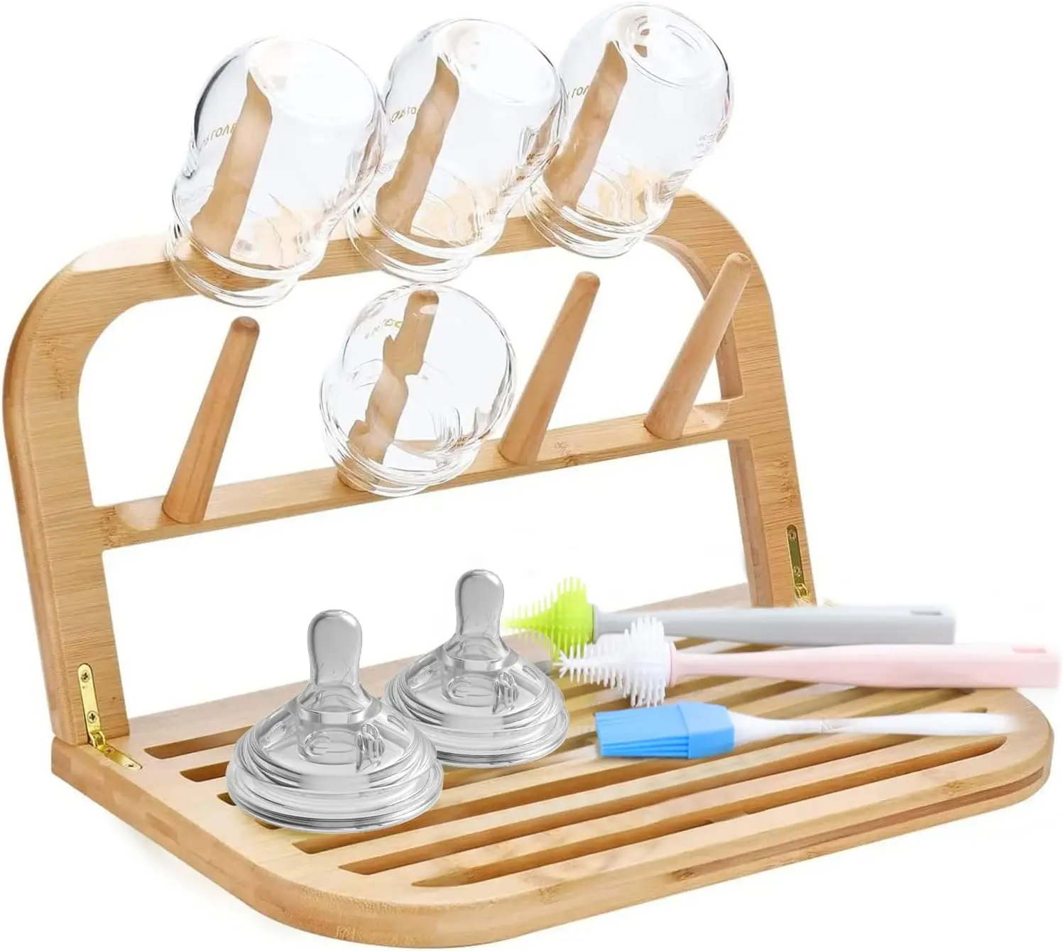 Bamboo Baby Bottle Drying Rack, Space Saving Kitchen Drying Rack & Bottle Holder for Plastic Bag, Cup, Glass Dish