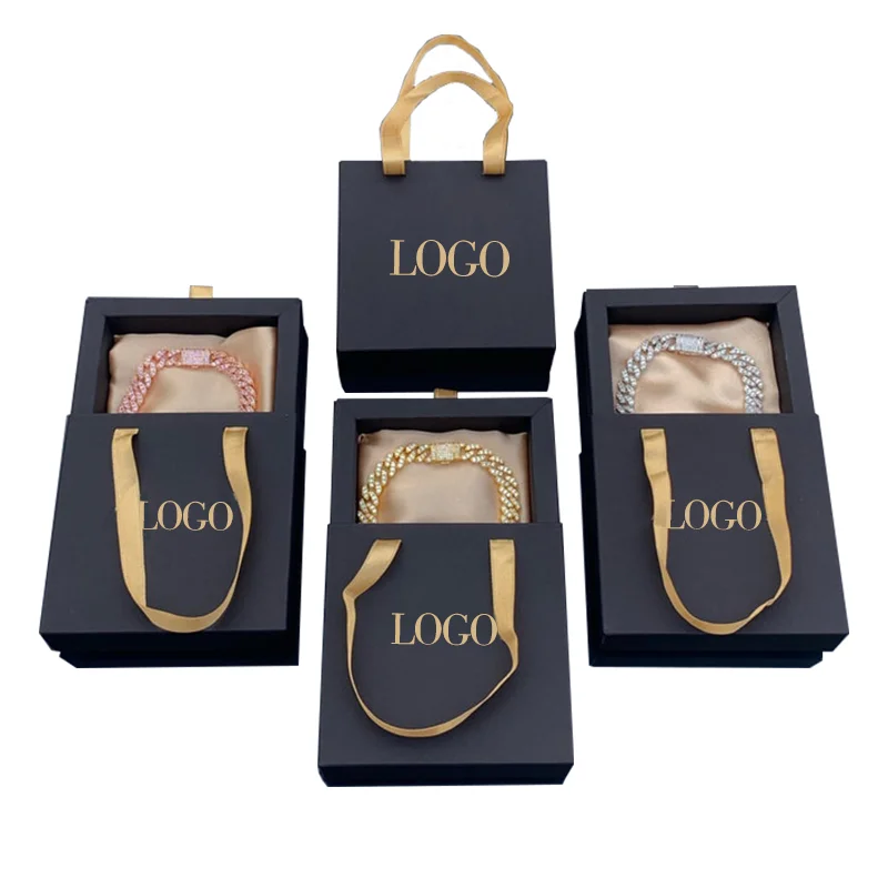 Customized Black Kraft Paper Jewelry Bracelet Pull-Out Drawer Box With Satin Lining And Handle