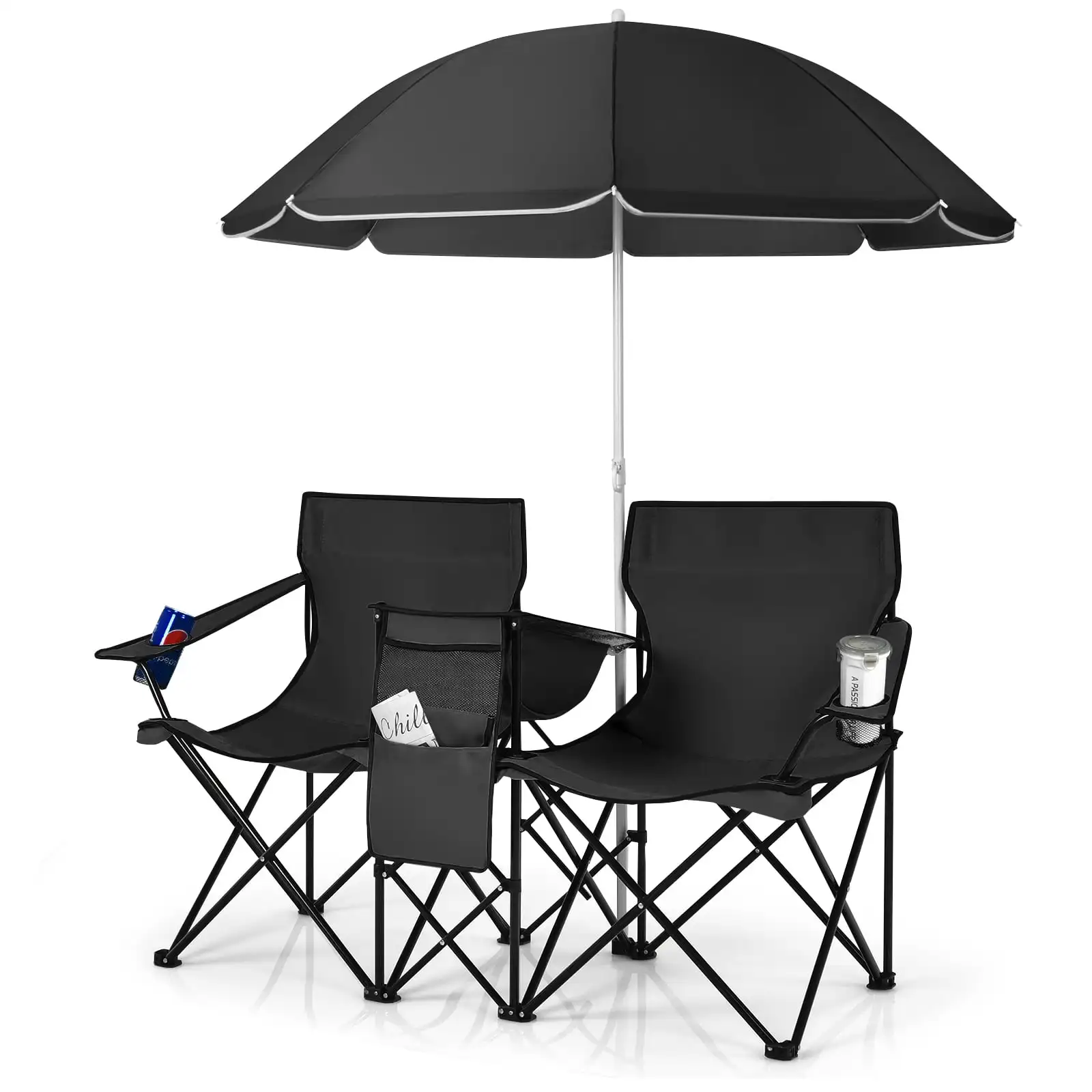 Cheap Black Double Folded Lawn Fishing Camping Chair and Table Set 2-person Folding Beach with Umbrella Canopy