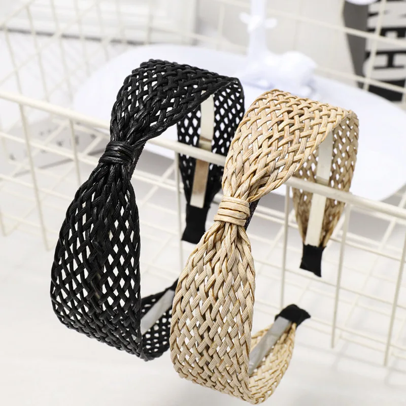 Natural Raffia Straw Handmade Bow Knot Headband Boho Braided Weaving Hairband Girls Hair Accessories Vacation Style Hair Bands