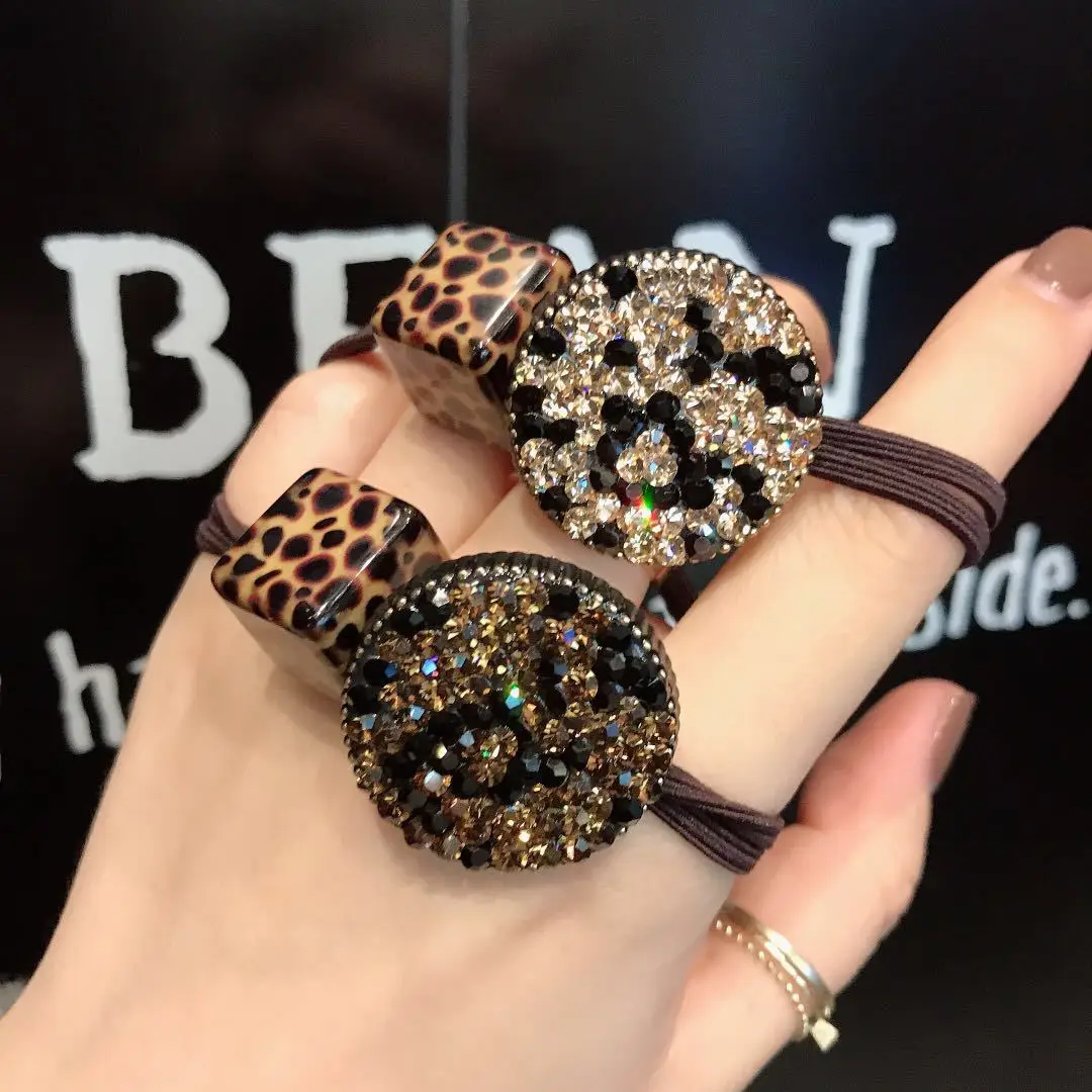 Yucat 2021 Fashion Elastic Band Girls Accessories Hair Ties Wholesale Korea Women Leopard Rhinestone Hair Ties