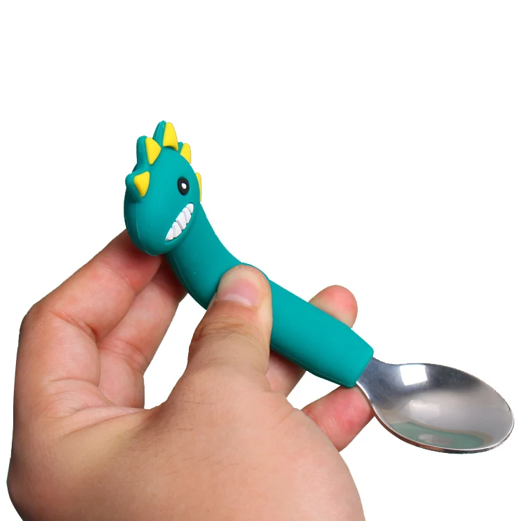 customizable Dinosaur shape baby silicone spoons forks toddler baby children feeding training spoon and fork