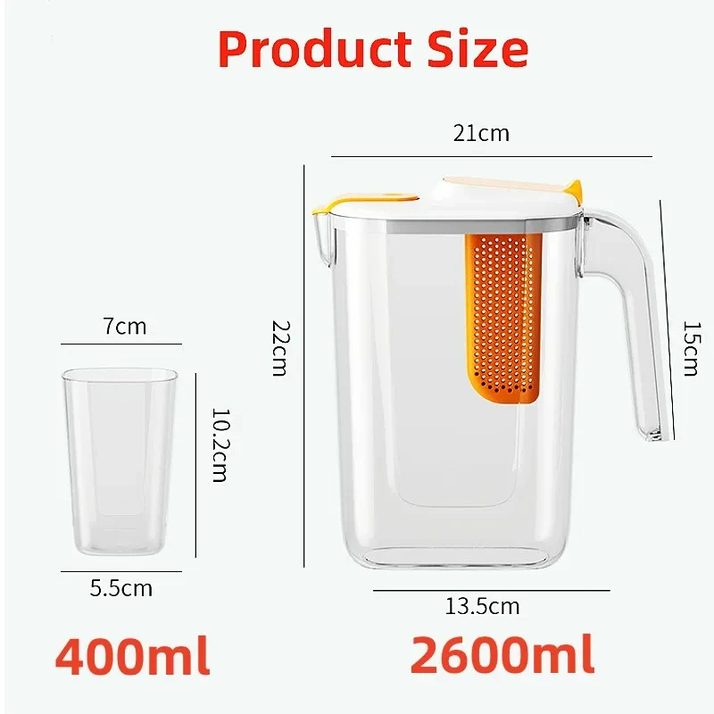2.6L large capacity plastic cold water kettle with fruit tea lemon filter and 4 cups of food grade AS material beverage kettle