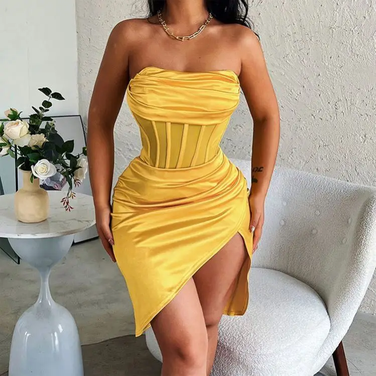 Satin Sexy Party Summer Dresses For Women Bodycon Mini Dress Club Strapless Casual Dress Black Yellow Solid Vestidos