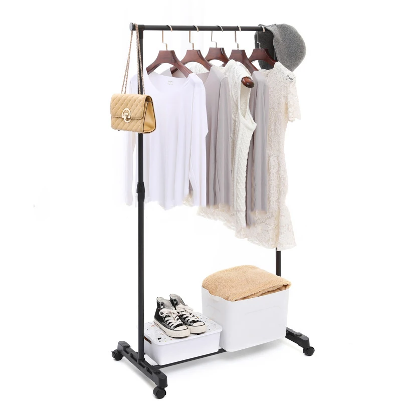 Stainless Steel Adjustable Single Black Clothes Drying Rack With Four Wheels Stand