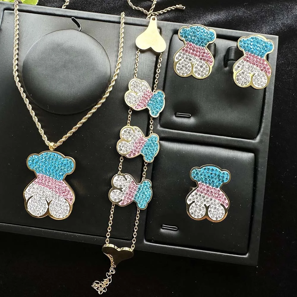 Blue Stone Fashion Gold Plated Stainless Steel Bracelet Necklace Jewelry Women Girl Costume Design  Hawaiian Ring Sets