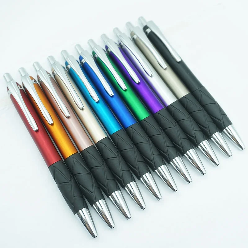 Promotional Metallic Colored Painted Barrel And Metal Clip With Black Rubber Grip Plastic Pens Luxury