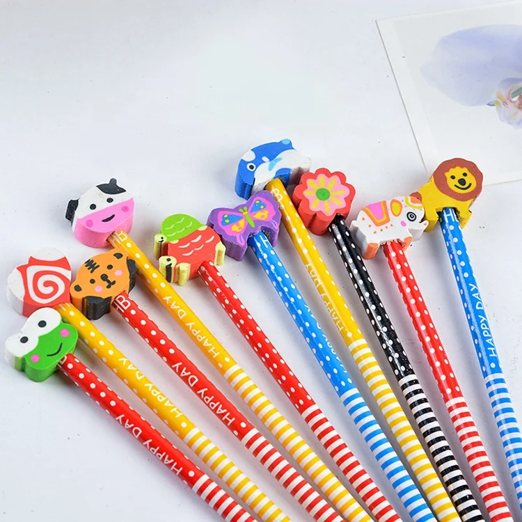 High Quality Pencils With Topper Eraser Wood Animal Eraser Pencils Back to School Stationery Cheap HB Pencils