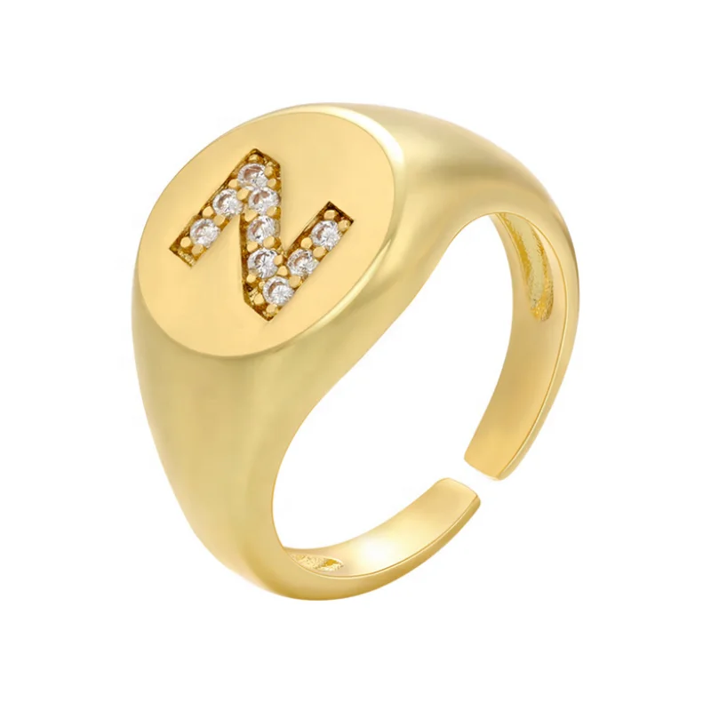 Advanced  Stainless Steel Diamond Inset Round Custom Letter Ring Opening Plated 18 K Gold Exquisite Fashion Girl Ring Wholesale
