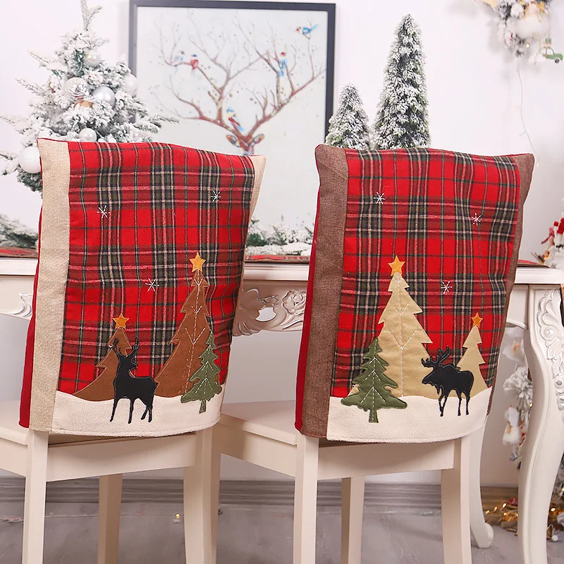 Wholesale red plaid tree pattern xmas chair cover polyester jacquard fabric christmas chair cover