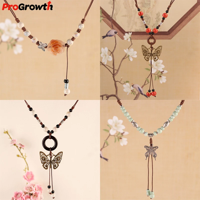 Chinese Ethnic Style Butterfly Necklace Vintage Ceramic Beads Chain Woven Sweater Necklace Tassel Pendant Trendy Jewelry Gifts