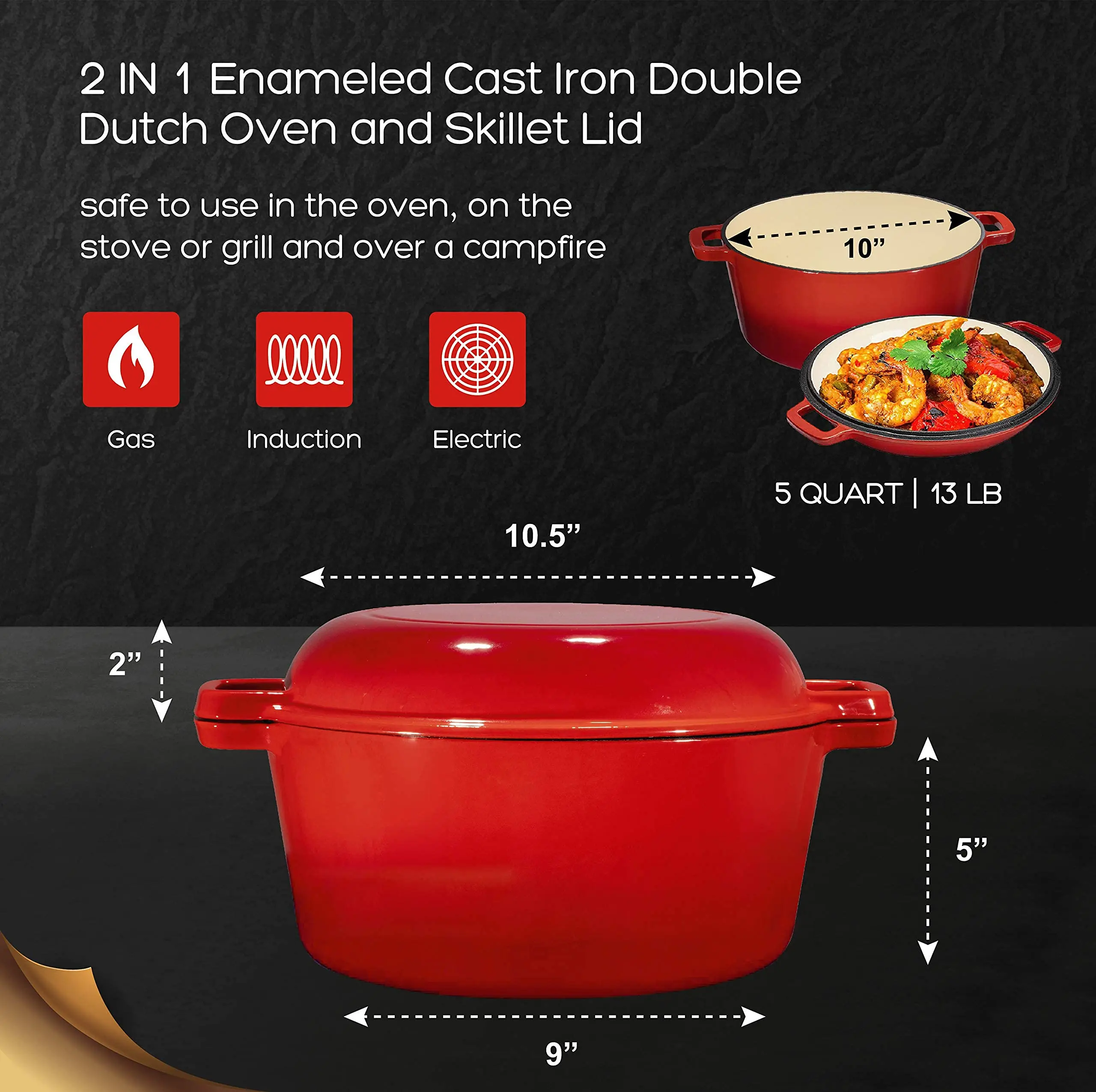 Roasting Dutch Oven With Lid Camping 2 In 1 Enameled Double Round Shape Skillet  Cooker Set Cookware Soup & Stock Pot Fry Pan