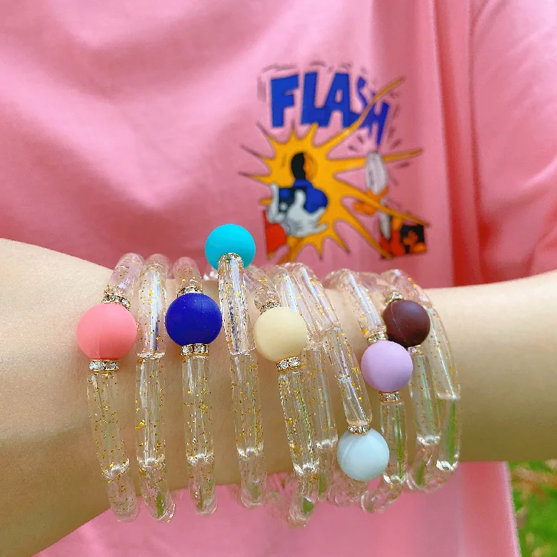 2021 New Colorful Round Beads 6mm Resin Acrylic Bracelets Bamboo Curved Tube Bead Transparent Shine Elastic Beaded  Bangle