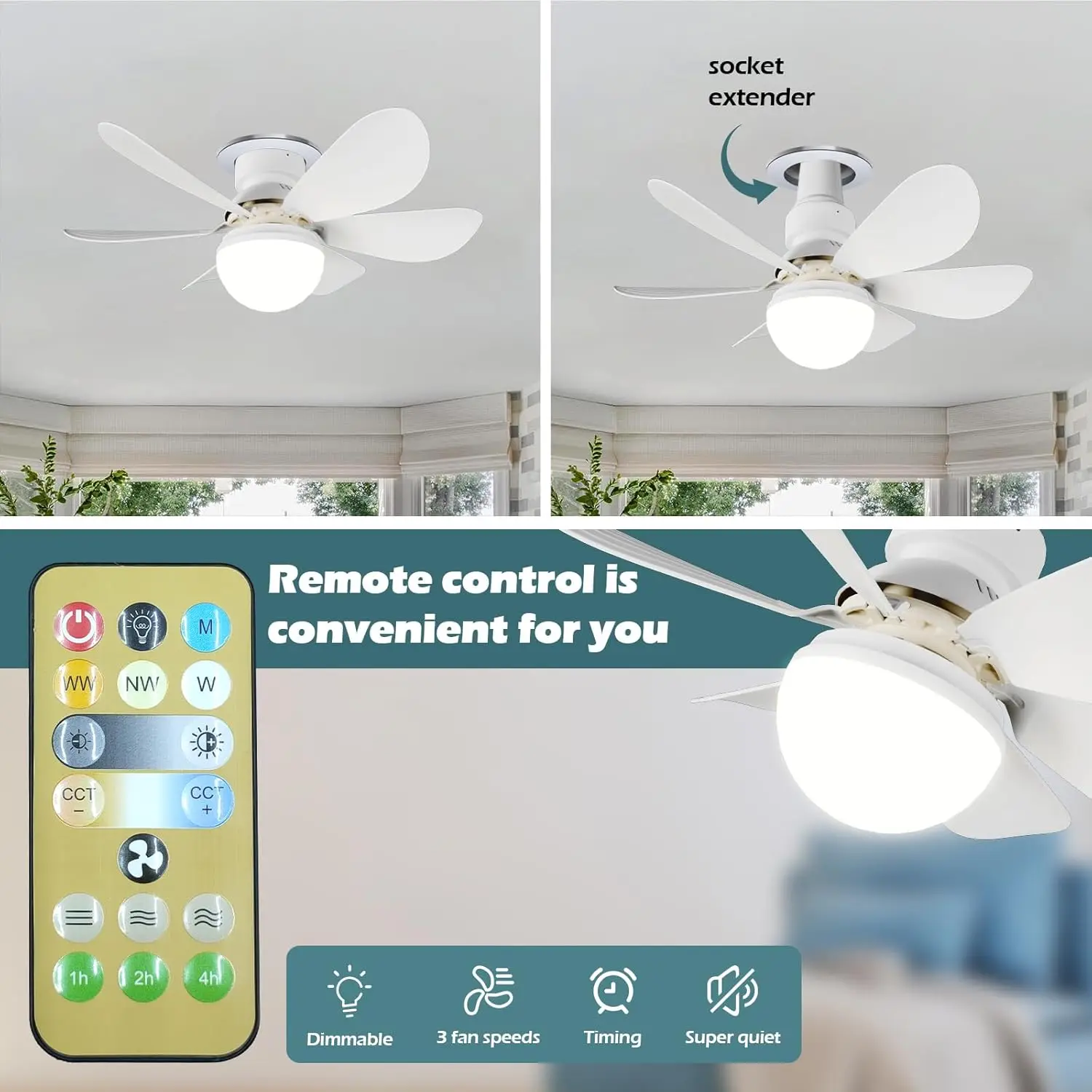 Ceiling Fan with Light Modern Screw in Light Switch with Fan Control 6 Blades & 3 Speeds Dimmable Small Socket Fan 2 In 1 Light