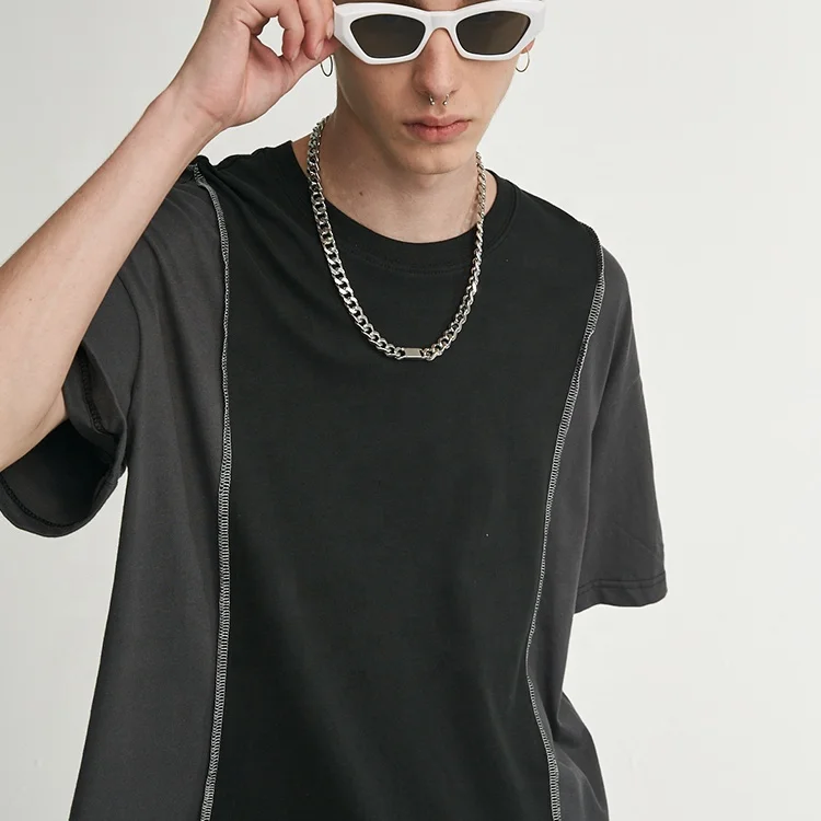 Wholesale Contrast Color Short Sleeved Plenty Stock Black Khaki Patchwork Design Plain Wholesale t Shirts