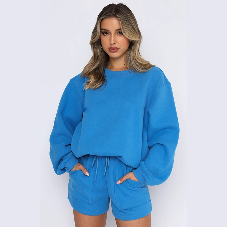 Custom logo women crewneck sweatshirt sweat suit set summer 2 piece set women oversize sweatsuit  and shorts set