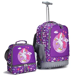 Unicorn Kids School Rolling Backpack 19inch Wheel Trolley School Bag With Lunch bag for Girls