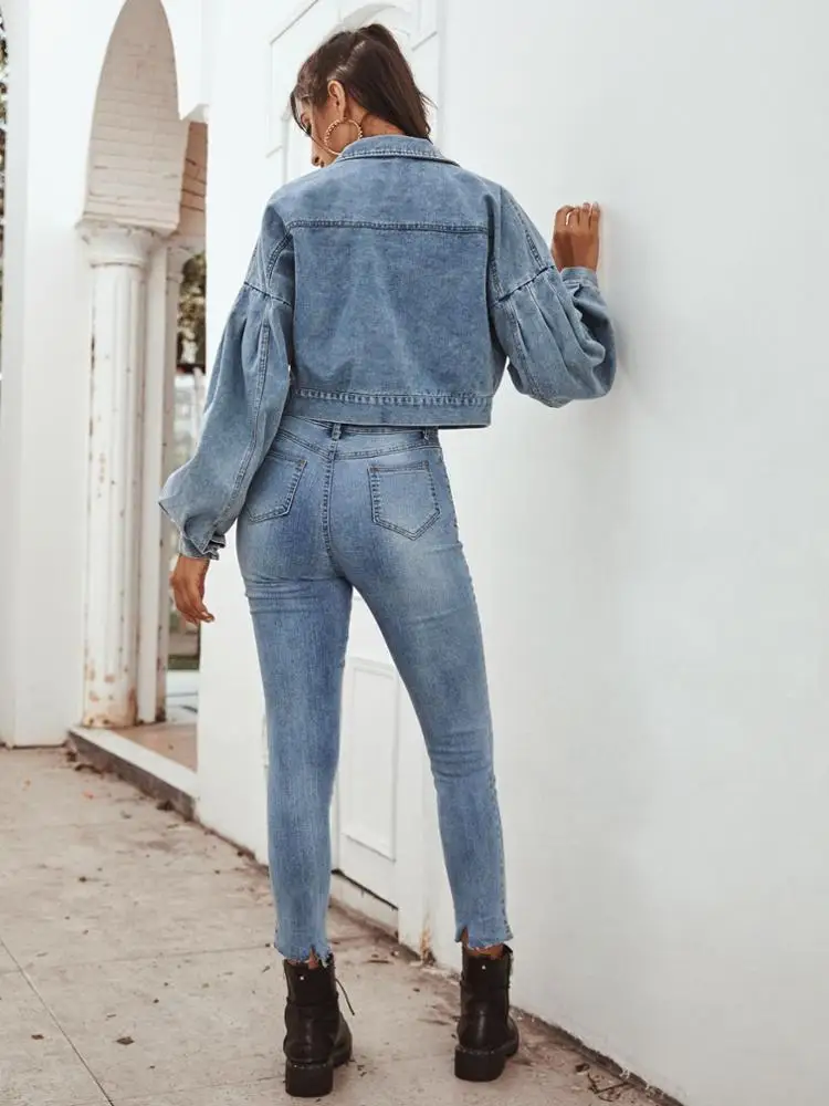 Ready made  puff sleeve denim jacket oversize denim jacket women fashion washed crop jean jacket wholesale