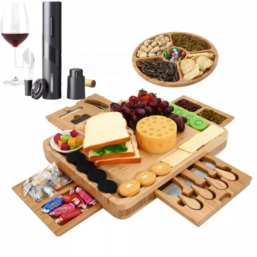 Bamboo Cheese Board with Cutlery Set Wood Charcuterie Platter and Serving Meat Board with Slide-Out Drawer