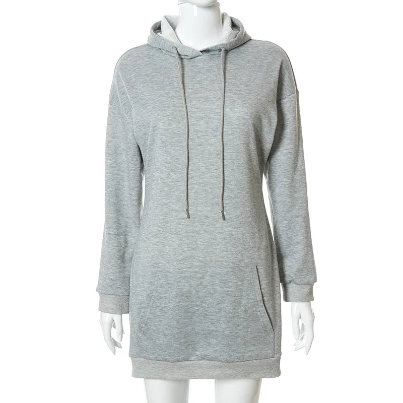 Fall New Products Gray Hoods Dress Sweater Hooded Drawstring Casual Loose Women Short Dress With Hoody