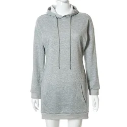 Fall New Products Gray Hoods Dress Sweater Hooded Drawstring Casual Loose Women Short Dress With Hoody