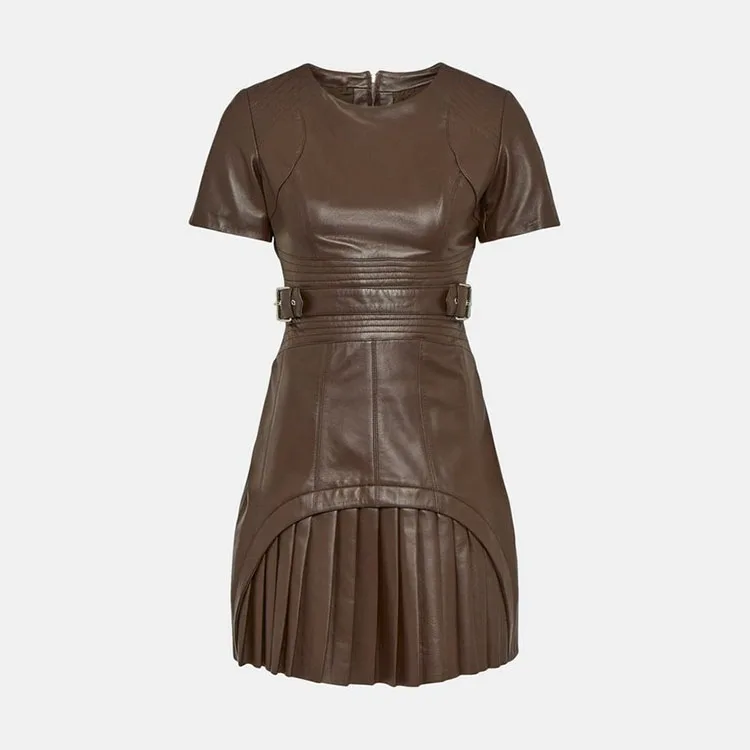 New Fashion Pleated Mini Dresses Women Clothing Short Sleeve Leather Dress with Belt