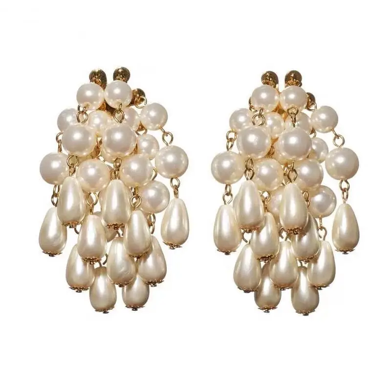 Retro Exaggerated Palace Style Oil Painting White Pearl Tassel Pendant Earrings Jewelry for women