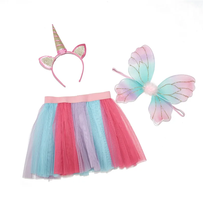 2024 Fairy rainbow dress + Unicorn headdress + Fairy wings set tutu skirt set for girls party costume