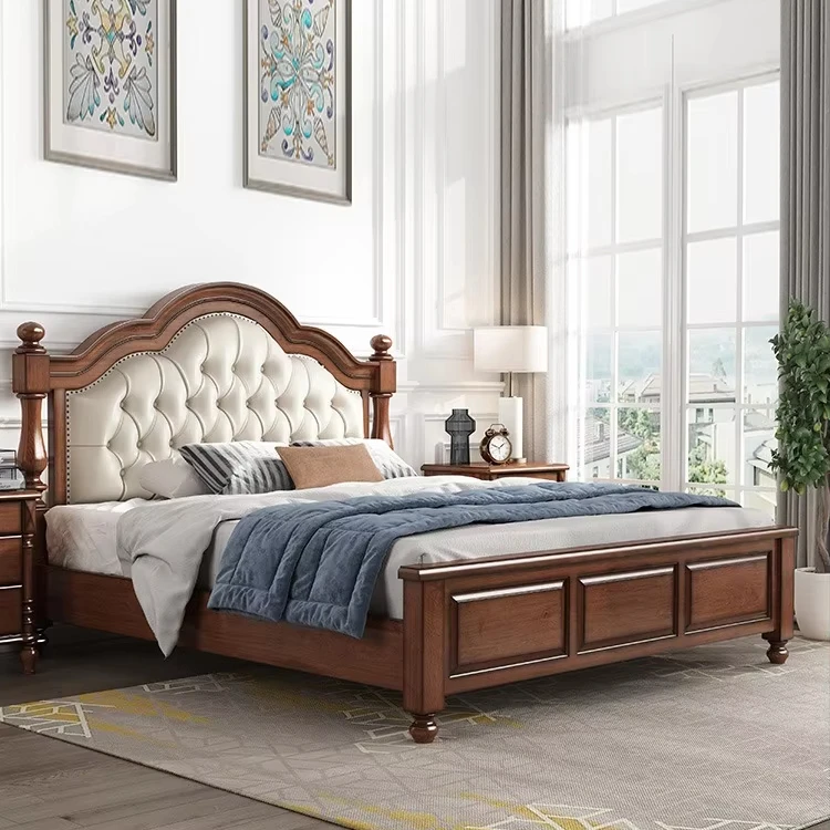 Cowhide Leather Solid Wood King Size Beds Queen Size Wooden Bedroom Furniture Classic Home Storage 1.8m Bed Set