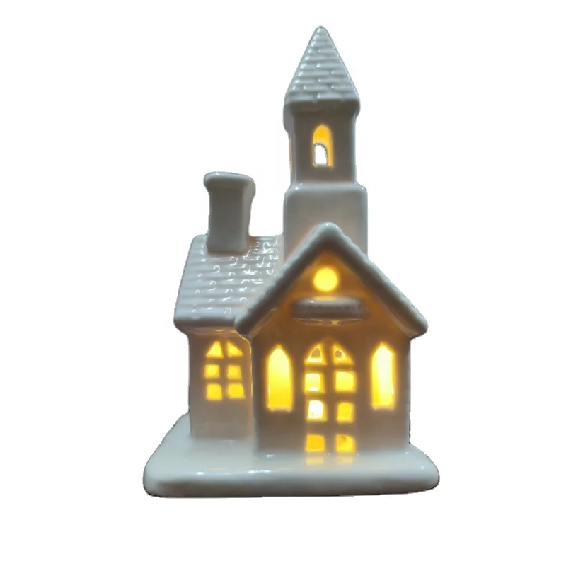 6 inch Christmas White Ceramic Town House Lantern Tea Lights Candle Holder