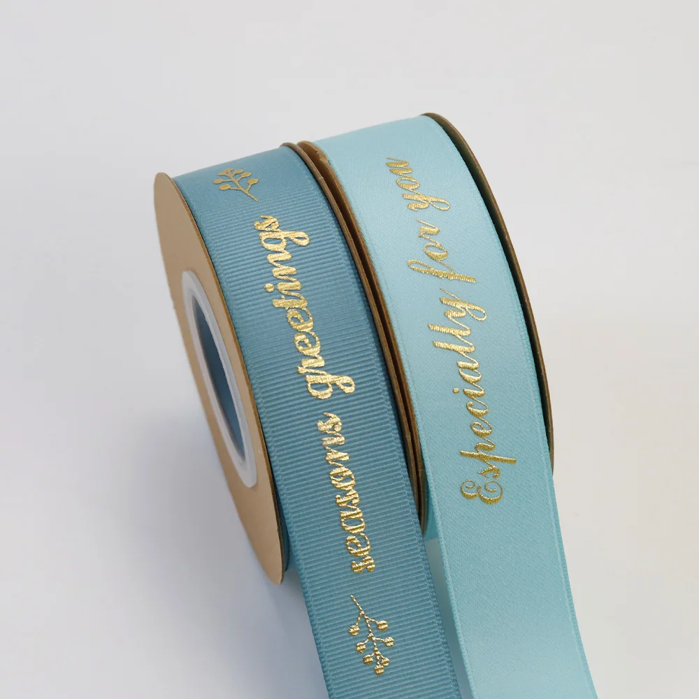 Custom Personalized Logo 3D Embossed Grosgrain Gold Foil Printed Polyester Ribbon Factory-Made Flower Wrapping Satin Ribbon