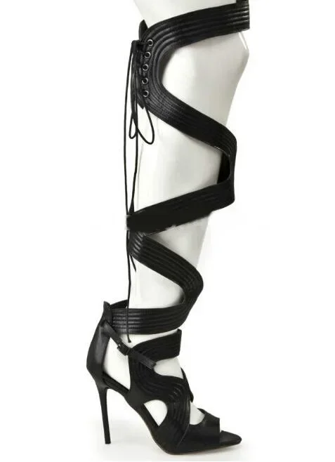 Sexy Strappy Cut-outs Lace up Over The Knee Boots Black Leather Gladiator Sandals Boots Cut-out High Heels Lace-up Dress Shoes